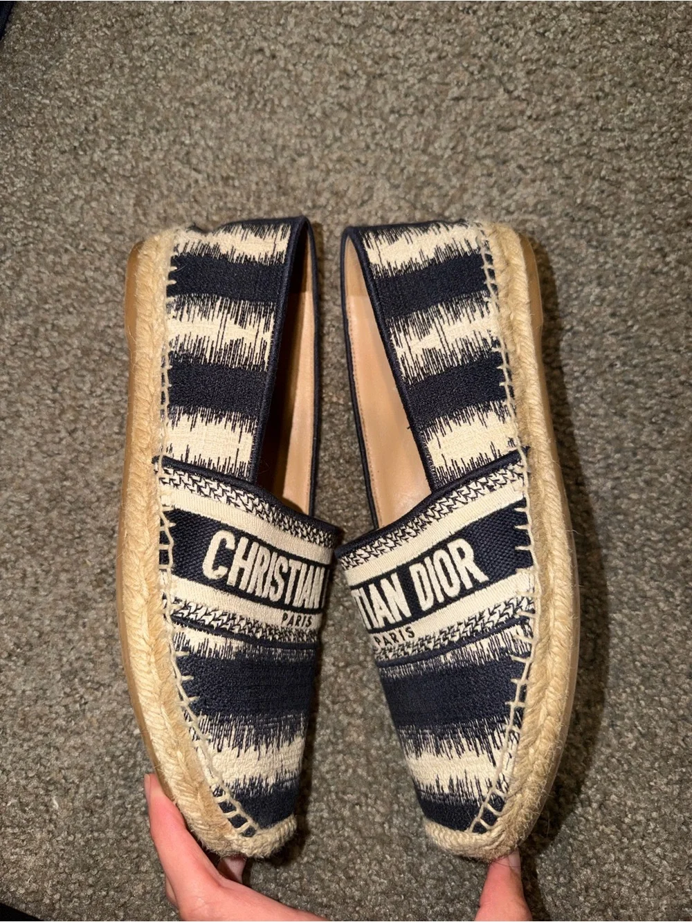 Dior Deep Blue & White Cotton Embroidered D-Stripes Espadrille - Picture 3 of 4